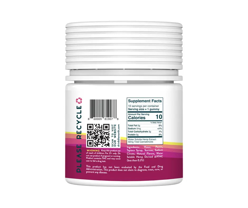 North Berry Lemonade THC Gummies sprial top container with pink and yellow colors showing supplement facts