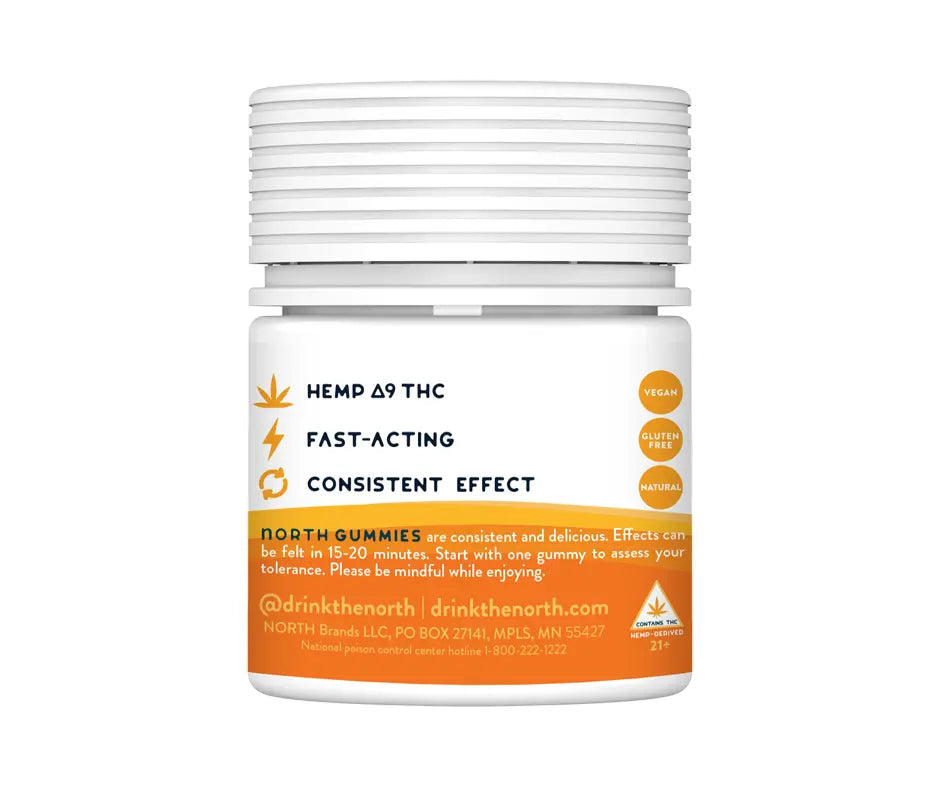 North Mango THC gummy spiral top container right side with fast-acting and contact information